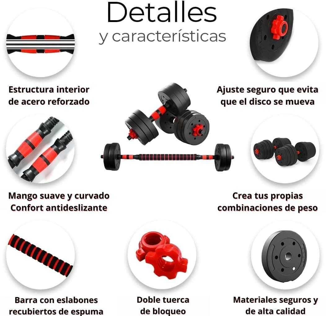 💪 Kit de Pesas 44 LBS + Barra Acolchada ¡Gratis! 🔥 Más de 20 piezas