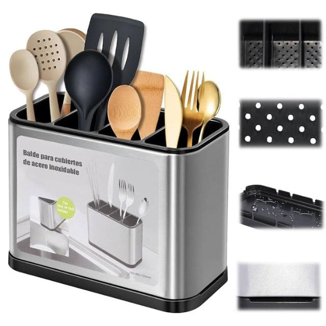Porta Cubiertos de Cocina en Acero Inoxidable