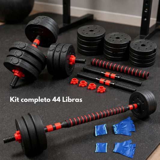 SET de Pesas Completo 44 LBS + Barra Acolchada GRATIS 🔥 KIT CON MÁS DE 22 PIEZAS