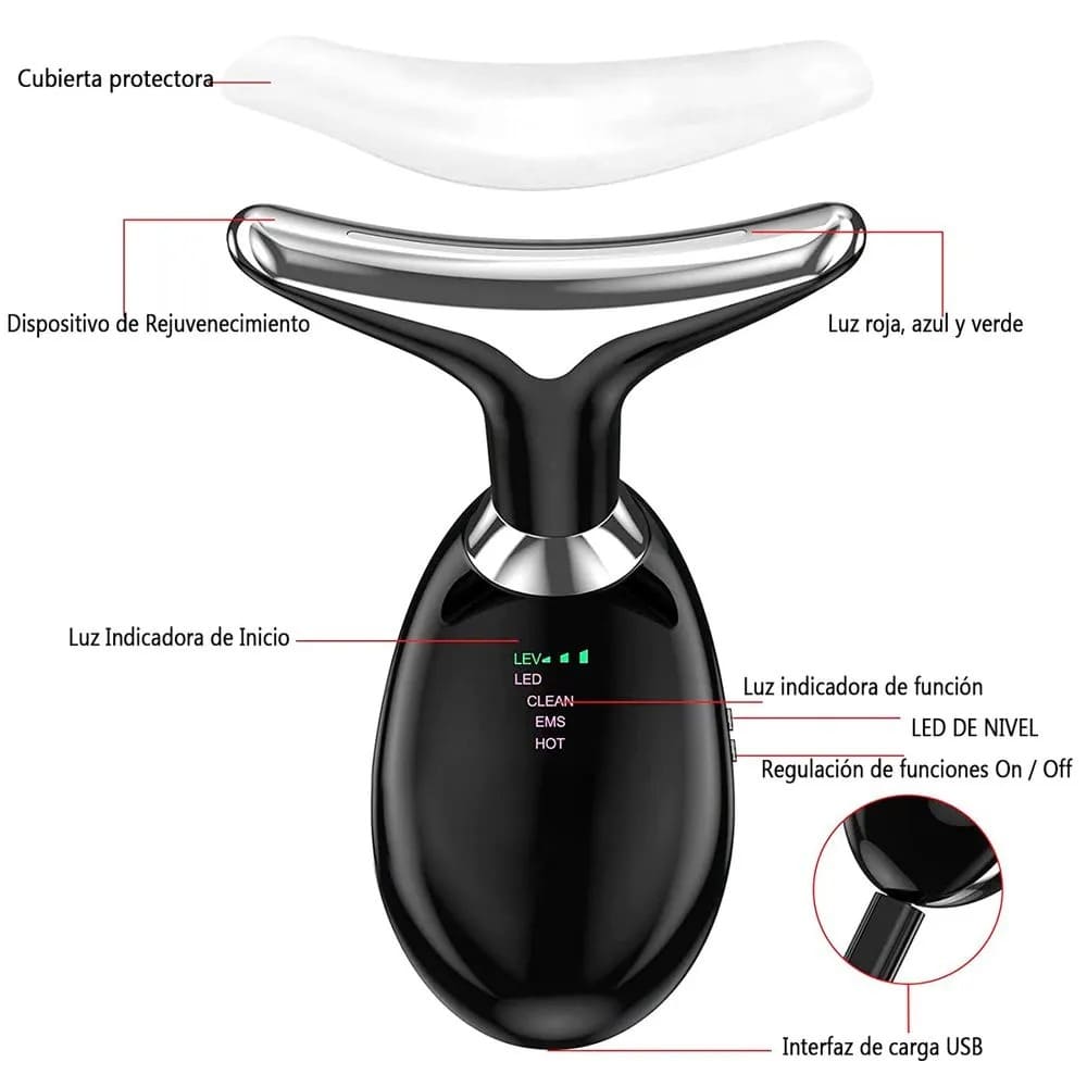 Masajeador Facial 3 en 1 con Luz LED, Calor y Vibración – Efecto Lifting