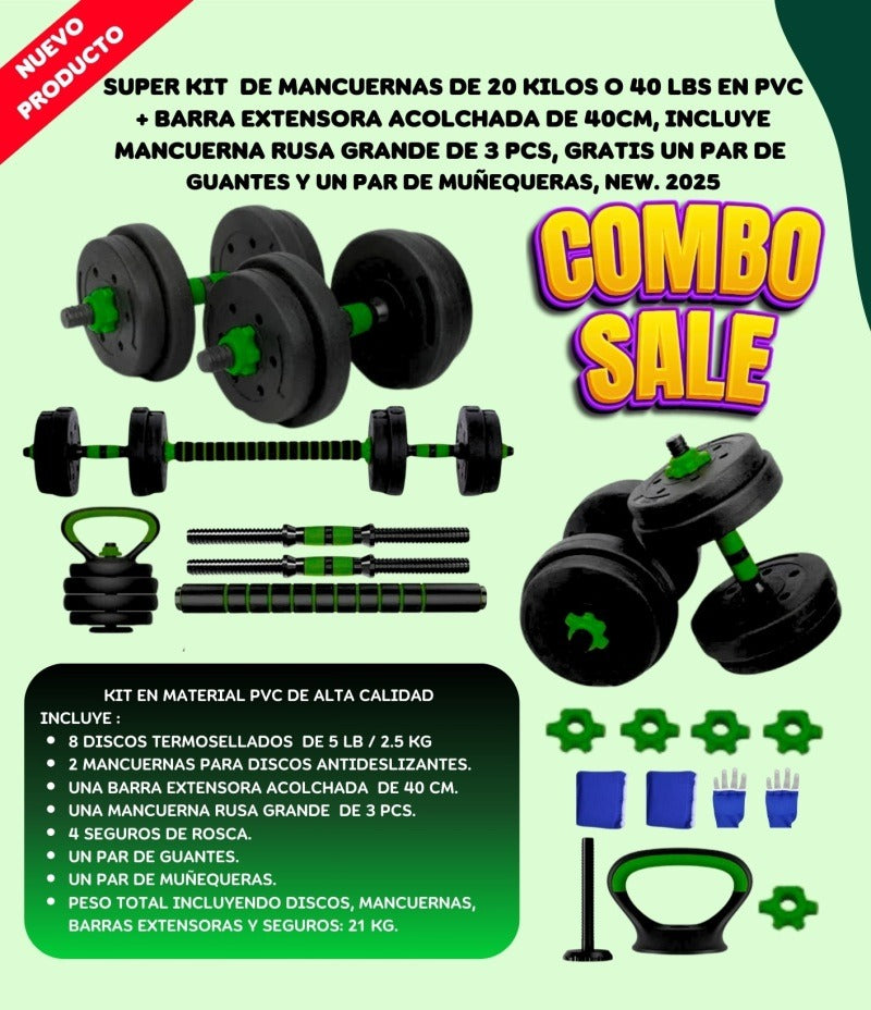 💪 Kit de Pesas 44 LBS + Barra Acolchada Gratis! 🔥 Más de 20 piezas